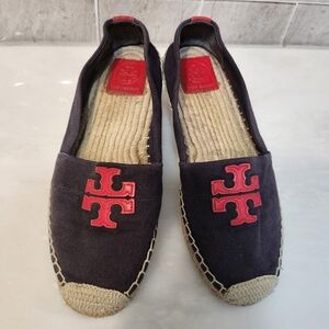Tory Burch Black Canvas Espadrilles with Red Logo